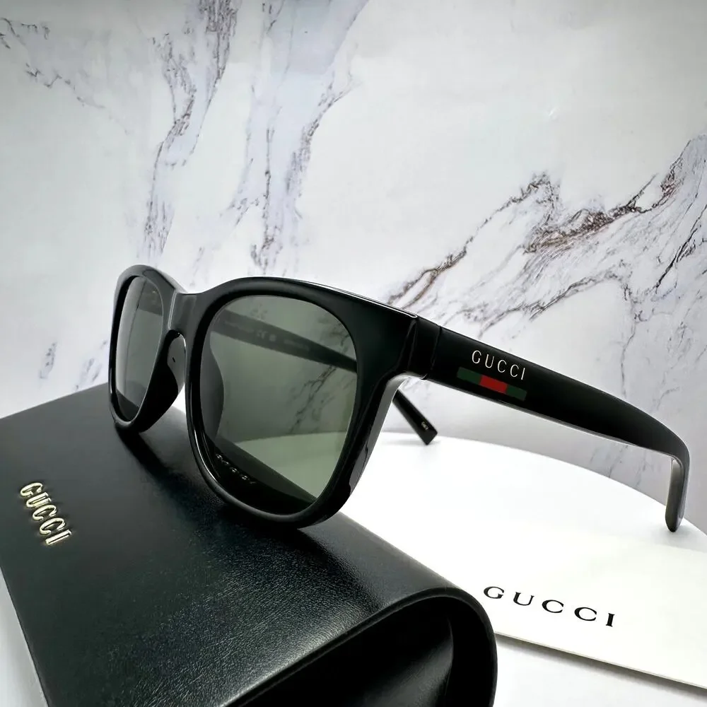 New GUCCI Sunglasses Black 54mm Square Gold Letter Logo Red Green Web Mens